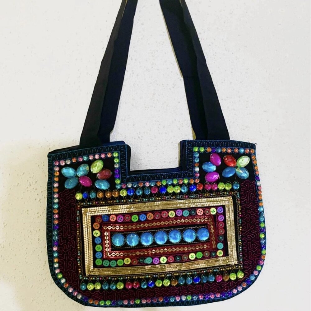 Pakistani Handmade Beaded Handbag Multicolor Embellished Ethnic Bag 15x12 New